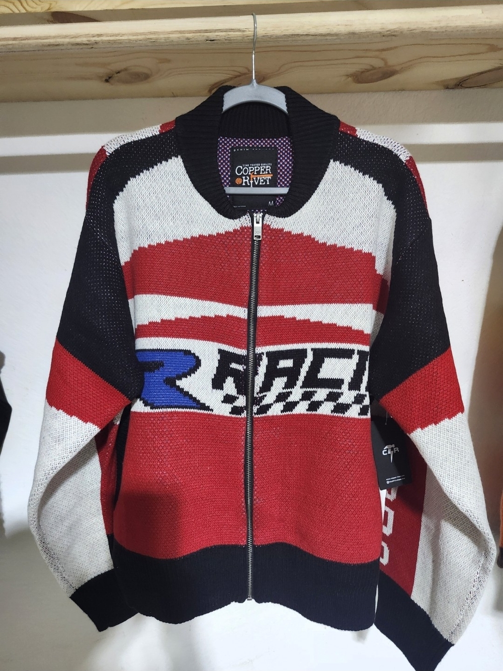 Copper Rivet Men’s Red Black Zip-Up Racing Knit Sweater